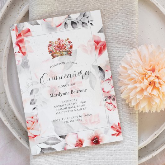 Invitation Chic Boho Rouge Floral Quinceañera