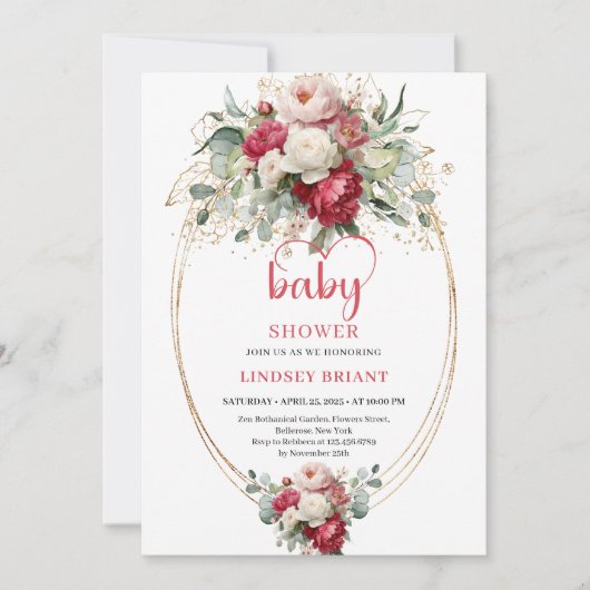 Invitation Chic Boho Ruby Red Blush Greenery Baby Shower (Devant)
