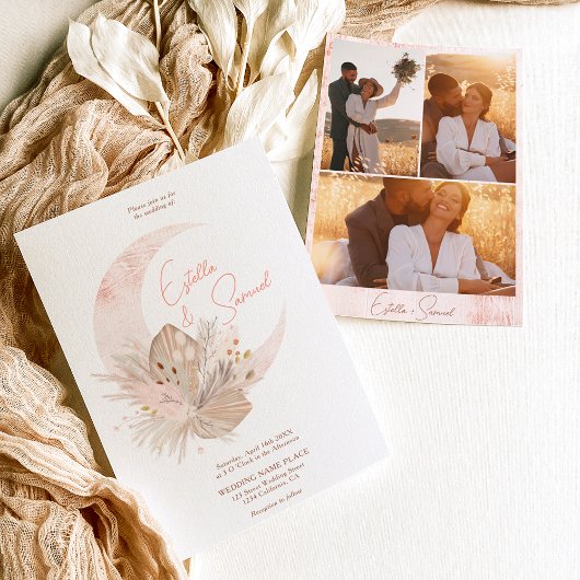 Invitation Chic boho rustique pampas floral lune photo mariag