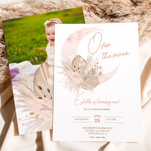 Invitation Chic boho rustique pampas lune florale 1er anniver