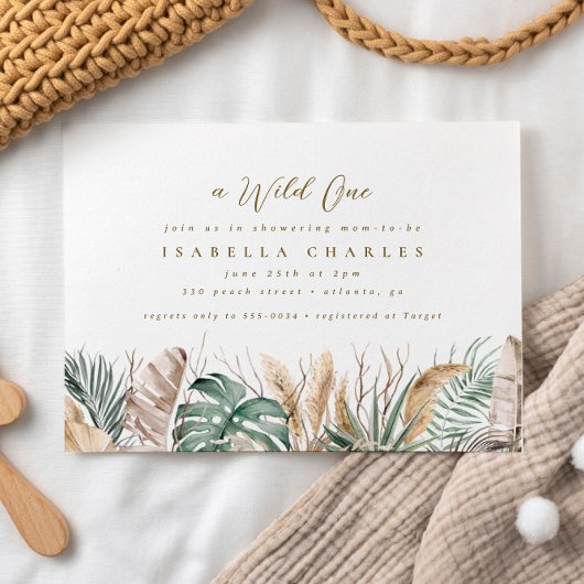 Invitation Chic Boho Safari Pampas Monstera Baby shower Or