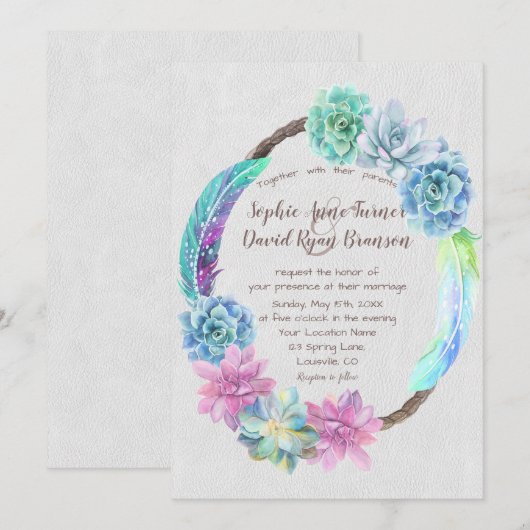 Invitation Chic Boho Succulent Cactus Feaths Mariage Wreath (Devant / Derrière)