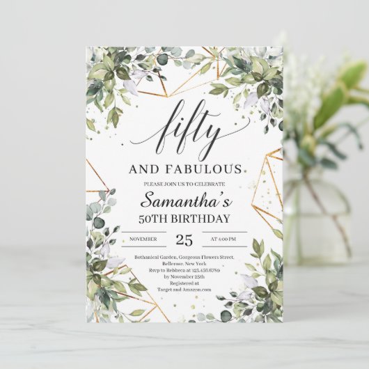 Invitation Chic Boho verdure feuillage or cinquante et fabule (Debout devant)