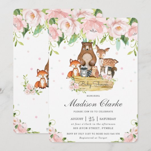 Invitation Chic Bois Animaux Baby shower rose Floral (Devant / Derrière)
