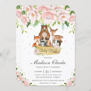 Invitation Chic Bois Animaux Baby shower rose Floral
