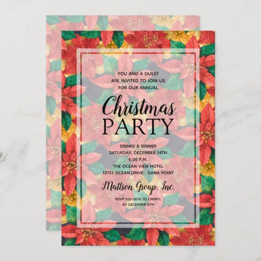 Invitation Chic Bold Poinsettias Noël Party (Devant / Derrière)