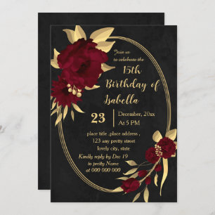 Invitation Chic bordeaux et or noir fête d'anniversaire