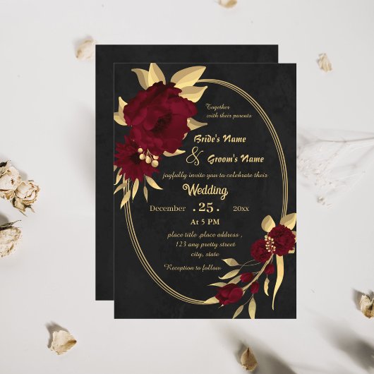 Invitation Chic bordeaux et or noir mariage