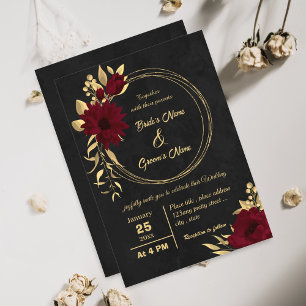 Invitation Chic bordeaux et or noir mariage