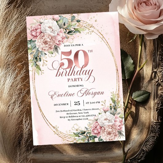Invitation Chic Botanical Blush 50th Birthday Party Invites