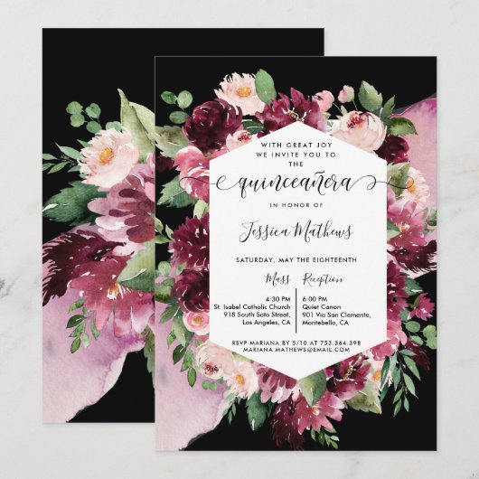 Invitation Chic Bourgogne Blush Rose Black Quinceanera Floral (Devant / Derrière)