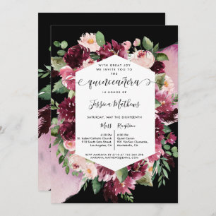 Invitation Chic Bourgogne Blush Rose Black Quinceanera Floral