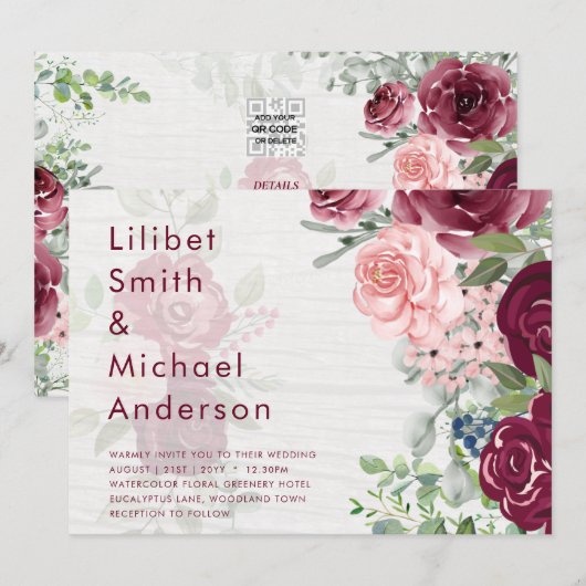 Invitation Chic Bourgogne Blush Rose Floral Mariage (Devant / Derrière)