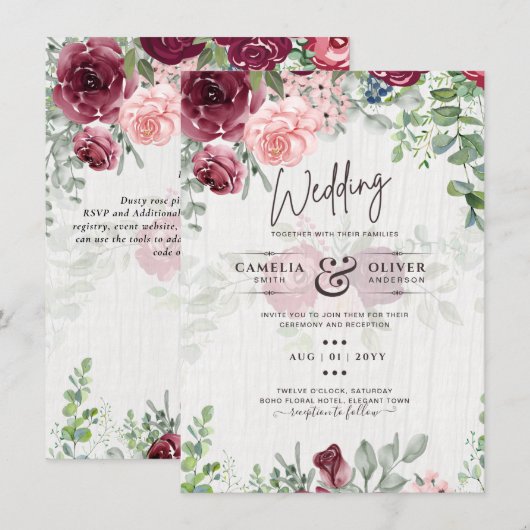Invitation Chic Bourgogne Blush Rose Floral Mariage (Devant / Derrière)