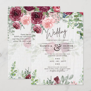 Invitation Chic Bourgogne Blush Rose Floral Mariage