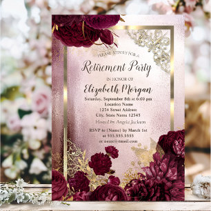 Invitation Chic Bourgogne Fleurs Gold Frame Retraite