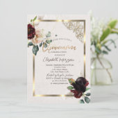 Invitation Chic Bourgogne Fleurs Or Cadre Quinceañera (Debout devant)
