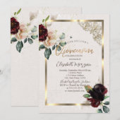 Invitation Chic Bourgogne Fleurs Or Cadre Quinceañera (Devant / Derrière)