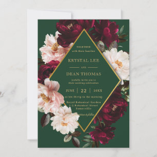Invitation Chic Bourgogne Floral Fleurs de Pivoine Émeraude M