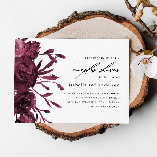 Invitation Chic Bourgogne Floral Mariage Couples Douche