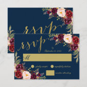 Invitation Chic Bourgogne Floral Navy Blue Gold Wedding RSVP (Devant / Derrière)