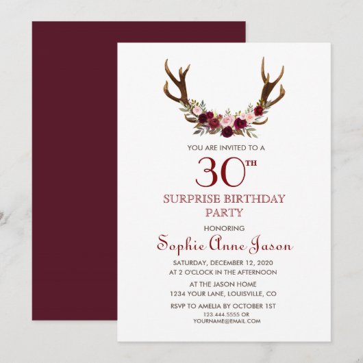 Invitation Chic Bourgogne Marsala Floral Antlers 50e annivers (Devant / Derrière)