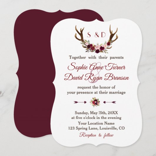 Invitation Chic Bourgogne Marsala Floral Antlers Mariage (Devant / Derrière)