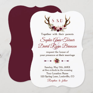 Invitation Chic Bourgogne Marsala Floral Antlers Mariage
