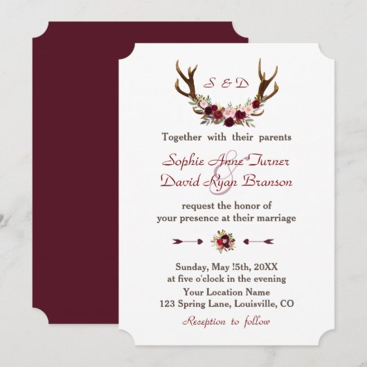 Invitation Chic Bourgogne Marsala Floral Antlers Mariage (Devant / Derrière)