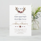 Invitation Chic Bourgogne Marsala Floral Antlers Mariage Or (Debout devant)