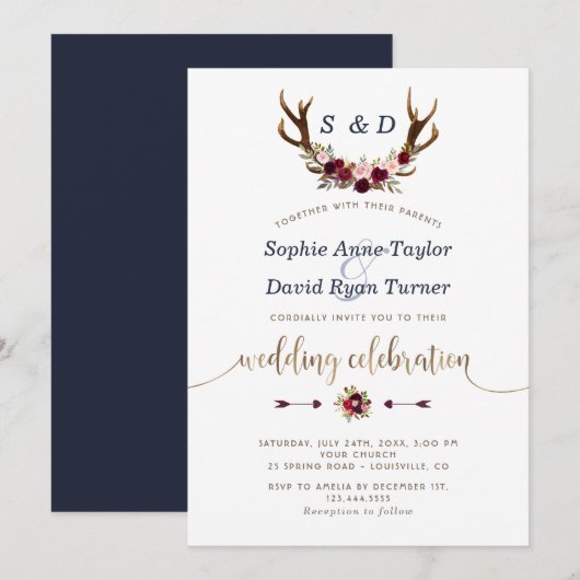 Invitation Chic Bourgogne Marsala Floral Antlers Mariage Or (Devant / Derrière)