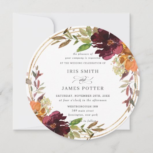 Invitation Chic Bourgogne Orange Floral Mariage de automne d' (Devant)