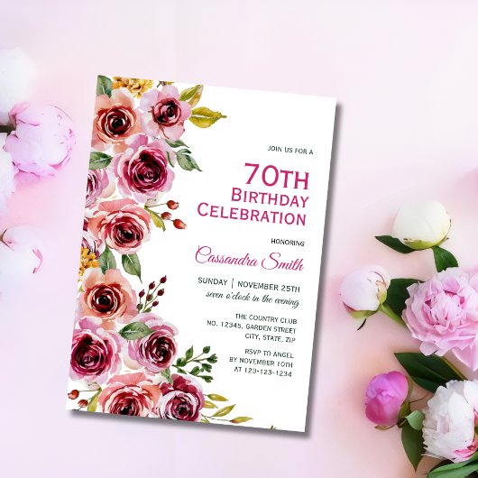 Invitation Chic Bourgogne Rose Floral Green Anniversaire