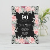 Invitation Chic Bourgogne rose Roses Flora Black 90e annivers (Debout devant)