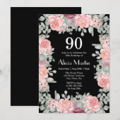 Invitation Chic Bourgogne rose Roses Flora Black 90e annivers (Devant / Derrière)