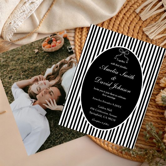 Invitation Chic Bow Minimalist Stripe Black white Wedding