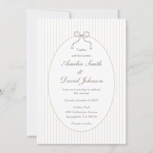 Invitation Chic Bow Minimalist Stripe Green Wedding  (Devant)
