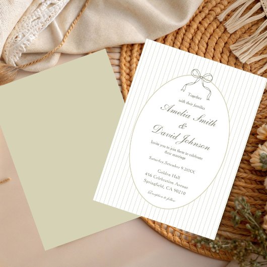 Invitation Chic Bow Minimalist Stripe Green Wedding 