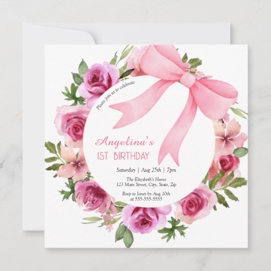 Invitation Chic Bow rose Rose Floral Anniversaire (Devant)