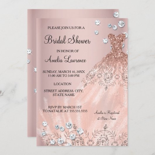 Invitation Chic Bride robe rose rousse Fête des mariées diama (Devant / Derrière)