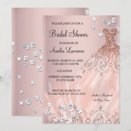 Invitation Chic Bride robe rose rousse Fête des mariées diama (Devant / Derrière)