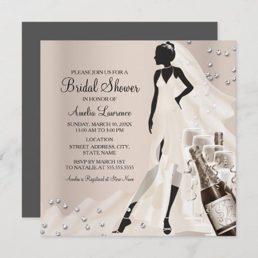 Invitation Chic Bride & Sparkle Diamond Fête des mariées 2 (Devant / Derrière)