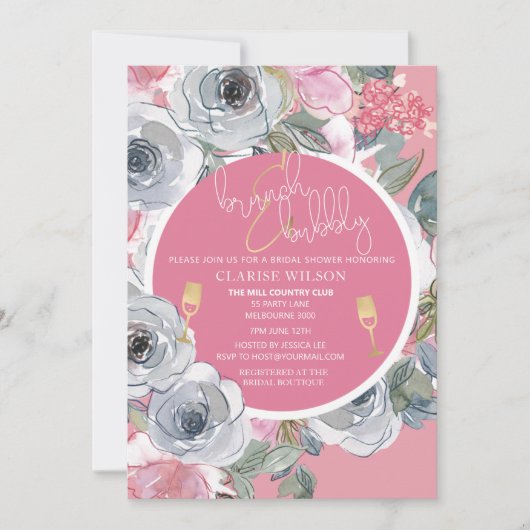 Invitation Chic Brunch & Bubbly Fête des mariées rose et or (Devant)