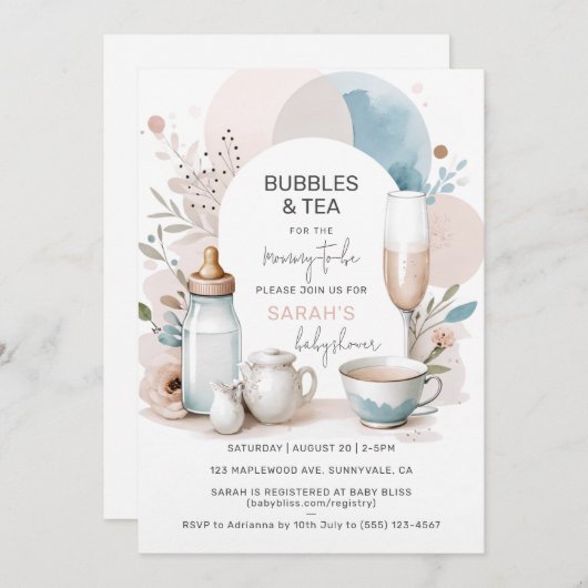 Invitation Chic Bubbles & Tea Baby shower (Devant / Derrière)