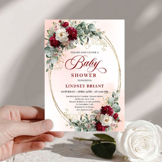Invitation Chic Burgundy and Gold Boho Baby Shower Invite