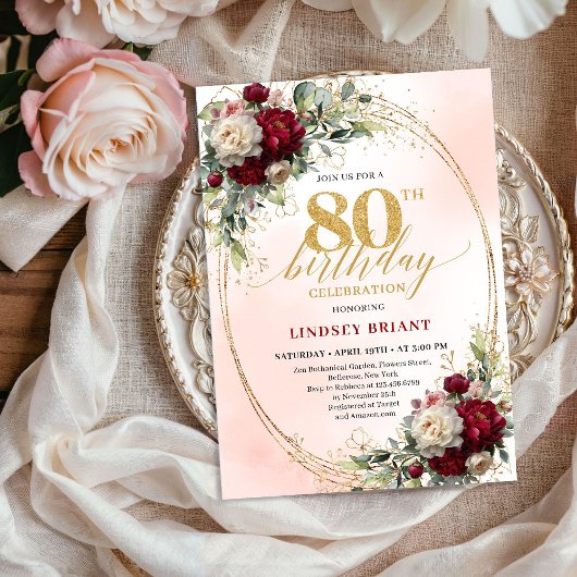 Invitation Chic Burgundy Blush Floral 80th Birthday Invites