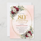 Invitation Chic Burgundy Blush Flowers 80th Birthday Invite (Devant)