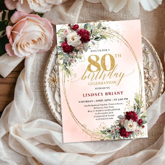 Invitation Chic Burgundy Blush Flowers 80th Birthday Invite
