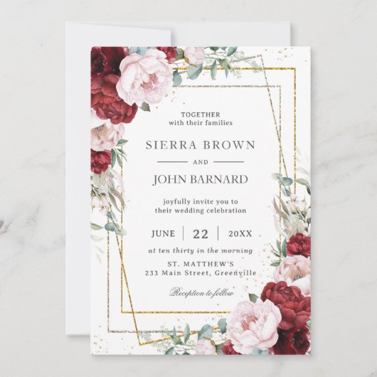 Invitation Chic Burgundy Blush Peonies Floral géométrique (Devant)