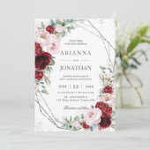 Invitation Chic Burgundy Blush Peonies Floral Silver Mariage (Debout devant)